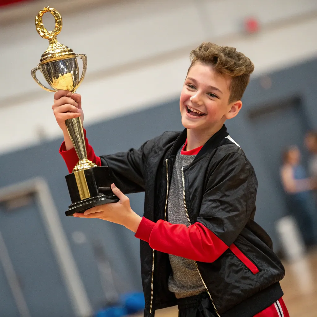 Happy teenager with dance trophy